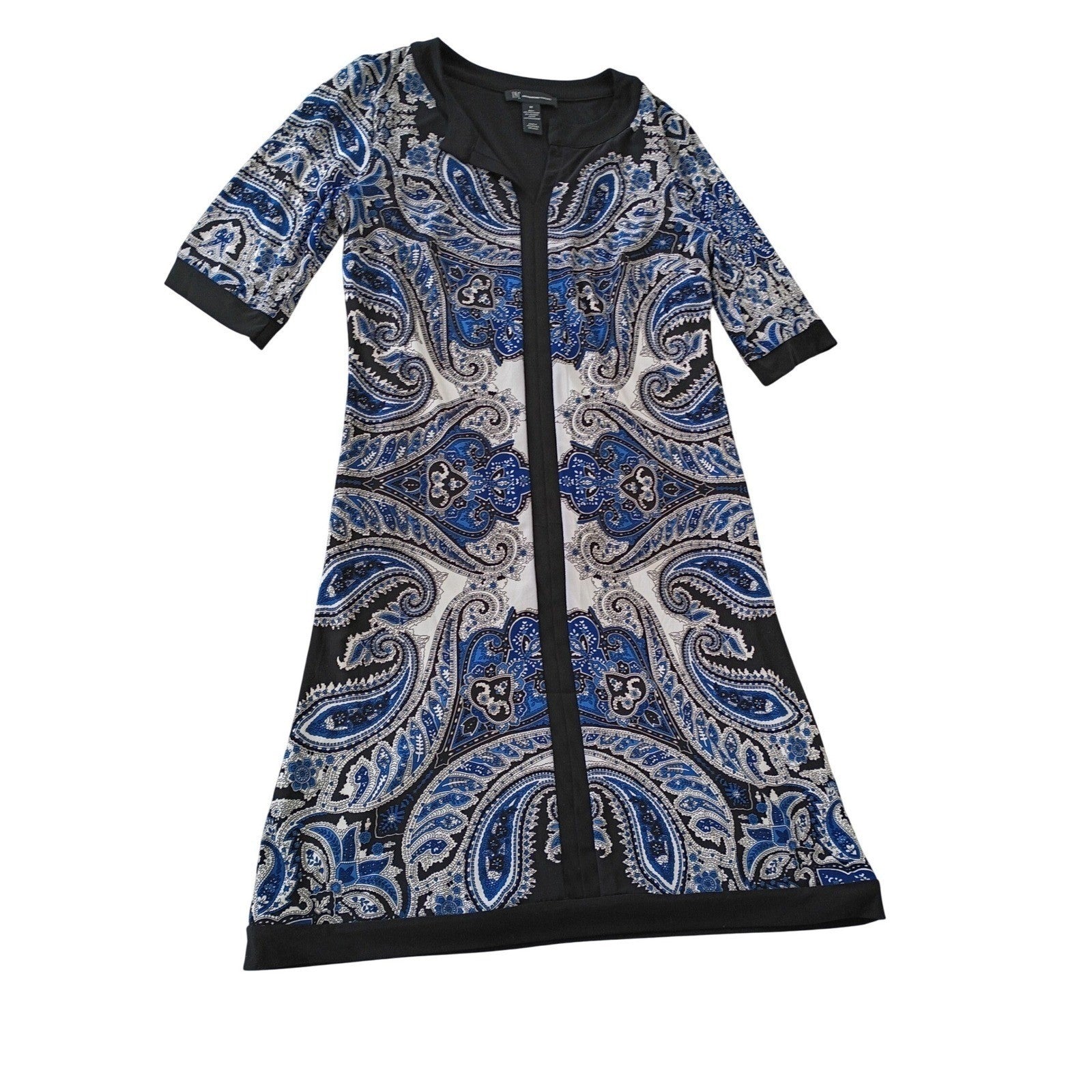INC International Concepts Paisley Print Zipper Front Dress Womens M Blue Black