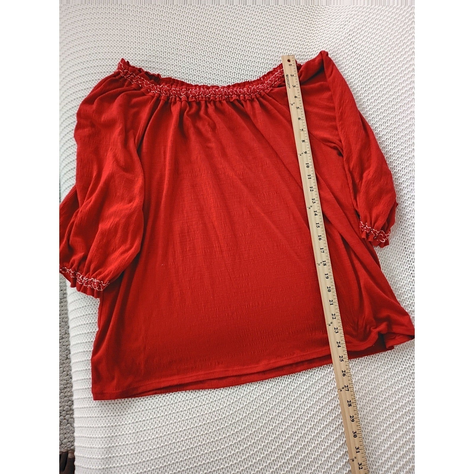 Max Studio Ruby Red Smocked Peasant Top XL Soft Boho Romantic Folk Embroidered