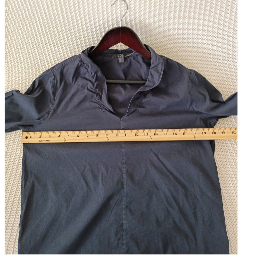 COS Navy Blue V-Neck Ruffle Trim 3/4 Sleeve Cotton Blend Blouse Top Small $89