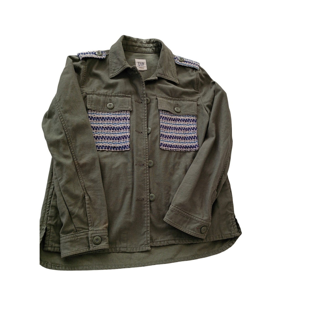 GAP Olive Green Utility Jacket Embellished Pocket Button Down Size M 100% Cotton