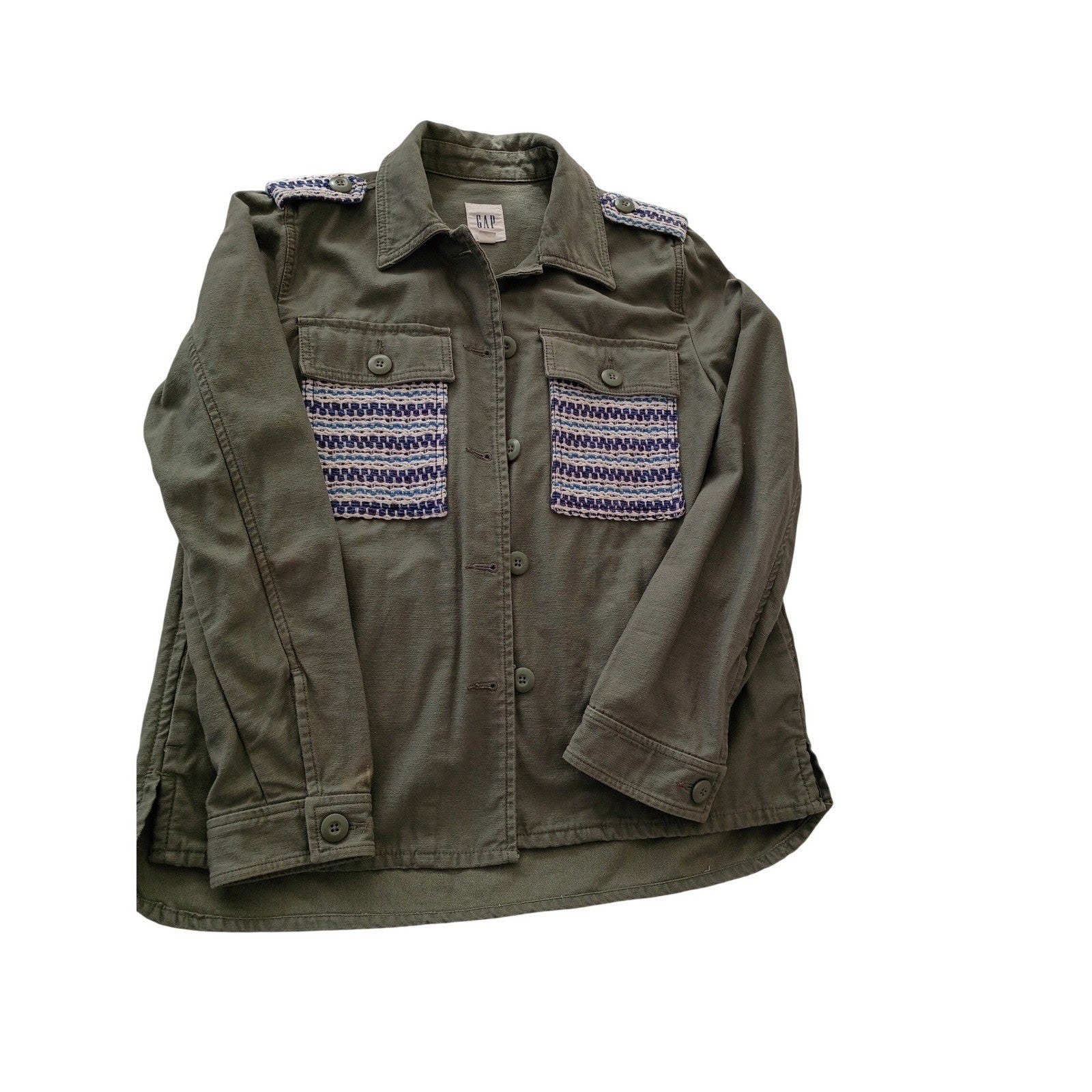 GAP Olive Green Utility Jacket Embellished Pocket Button Down Size M 100% Cotton