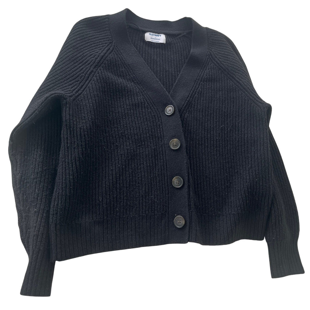 Old Navy Black Button Front Ribbed Cardigan S Cotton Wool Blend Minimalist