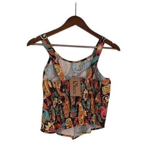 NWT RHEA Hippie Festive Top S Multicolor Paisley Floral Smocked Back Crop Top
