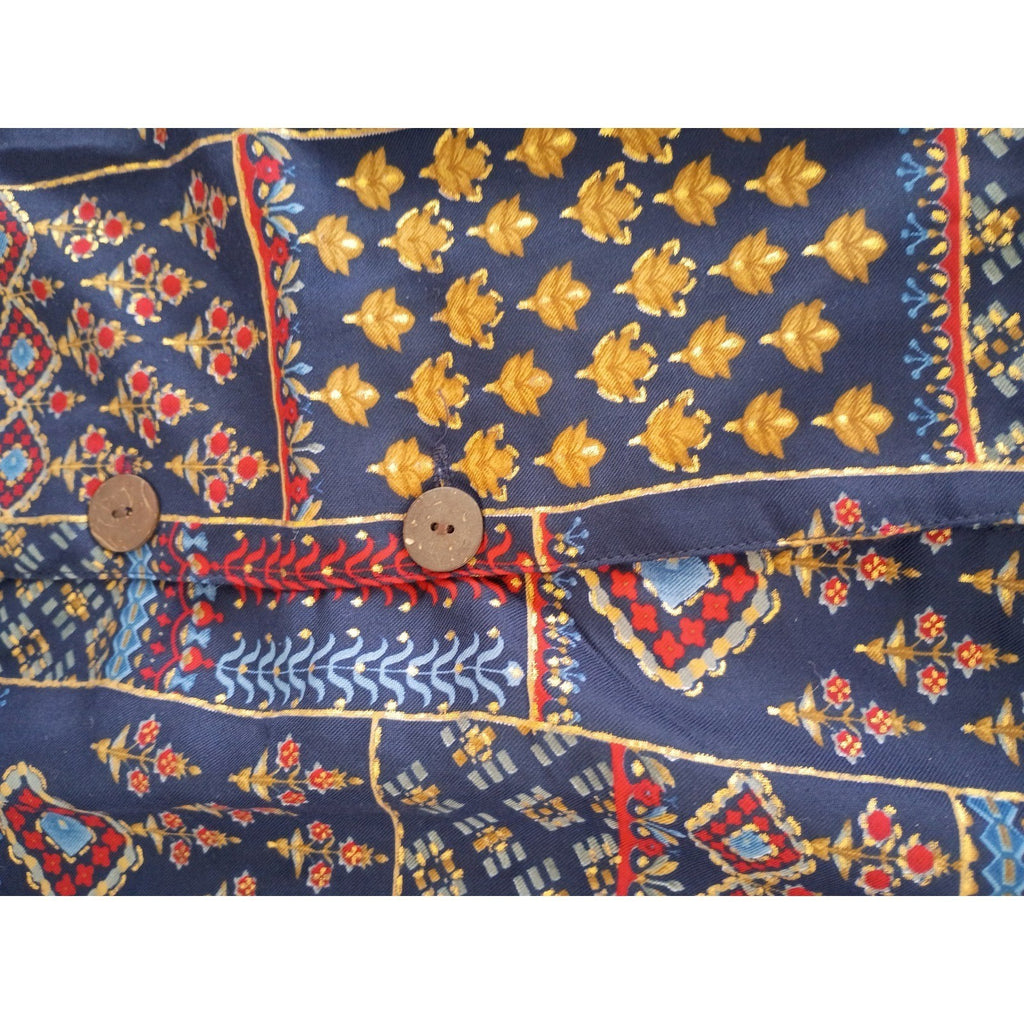 RHEA NWT Silk Blend Bohemian Patchwork Wide Leg Pants S/M Navy Red Gold Boho