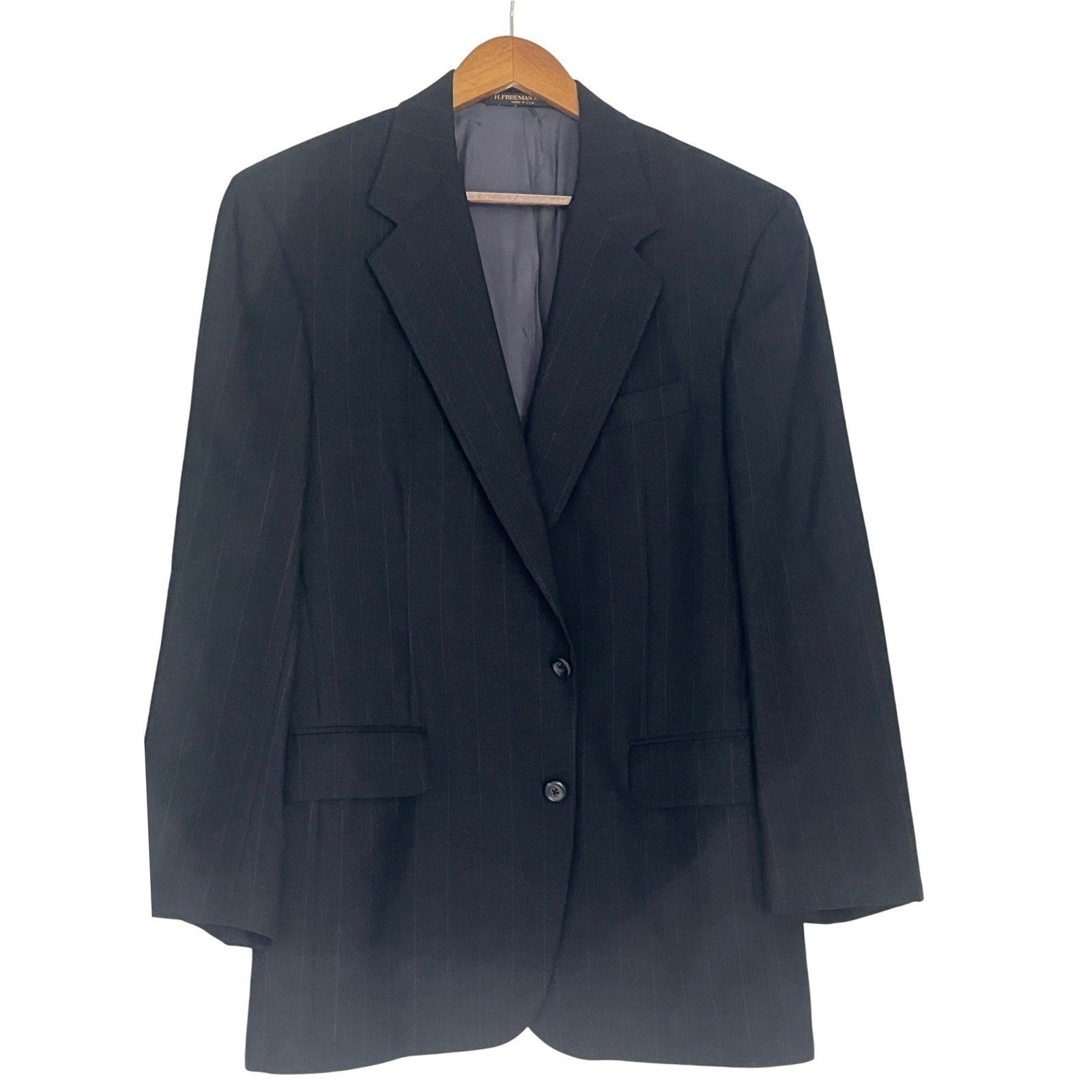 H Freeman & Son Black Pinstripe Wool Suit Jacket Mens 42R Business MADE IN USA