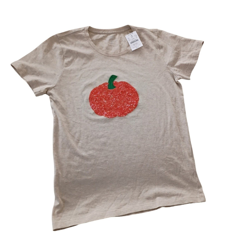 J.Crew NWT Collector Pumpkin Sequin Graphic Tee Shirt Beige 100% Cotton S