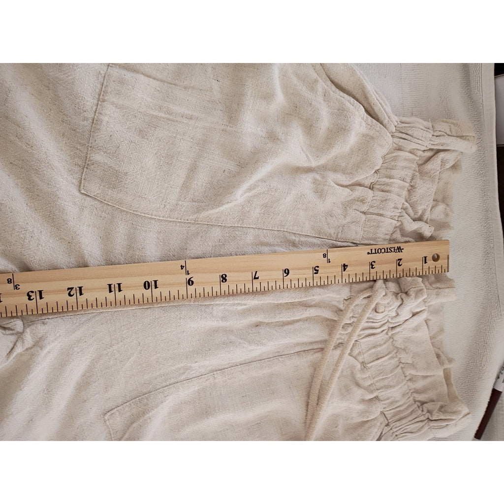 Linen Blend Wide Leg Pants Beige Paperbag Waist Drawstring Casual Comfort