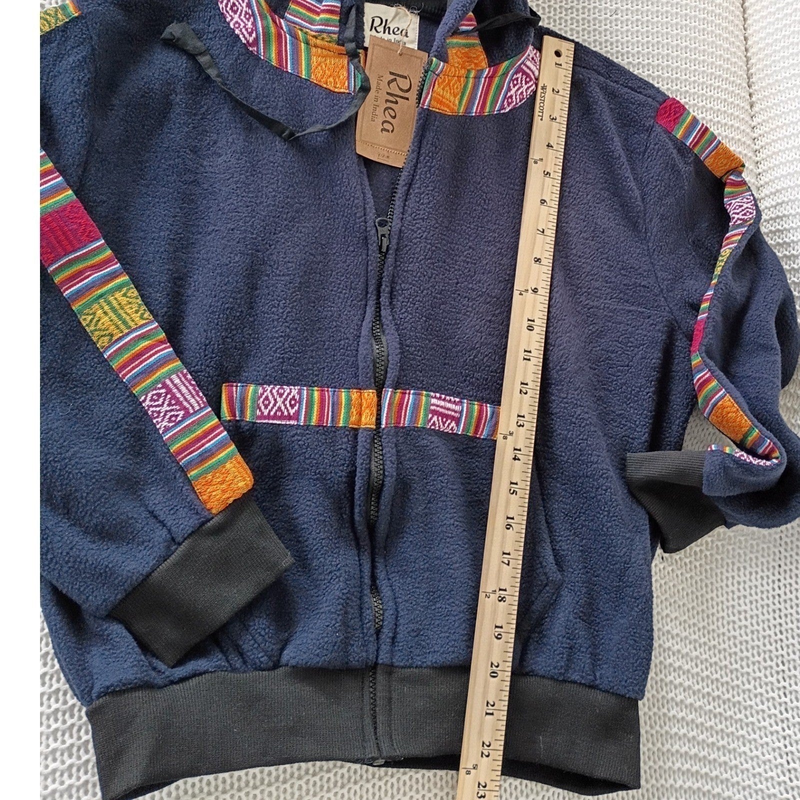 NWT Rhea Artisan Fleece Hoodie Jacket Navy Boho Trim Zip Up Women Unisex L NWT