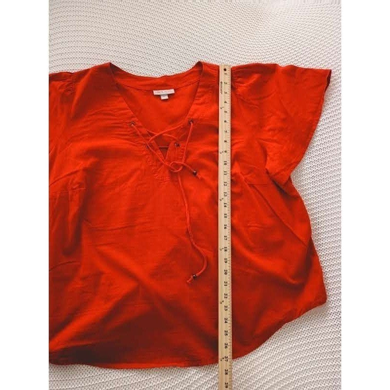 Knox Rose Red Lace Up 100% Cotton Bohemian Blouse  Fits L/ XL Short Slve V-Neck