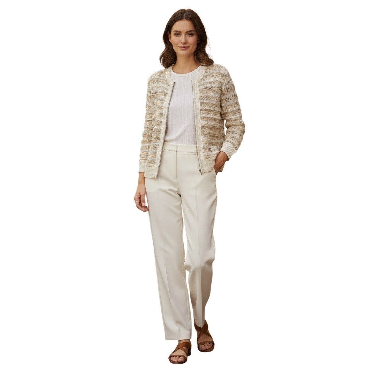 CHICO'S Neutral Zip Cardigan Beige Stripe Cotton Blend M NWOT Effortless Polish