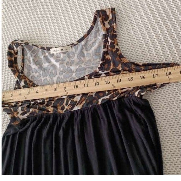 Coco USA Leopard Print Skater Dress Fit & Flare Black Sleeveless L Fits M Boho