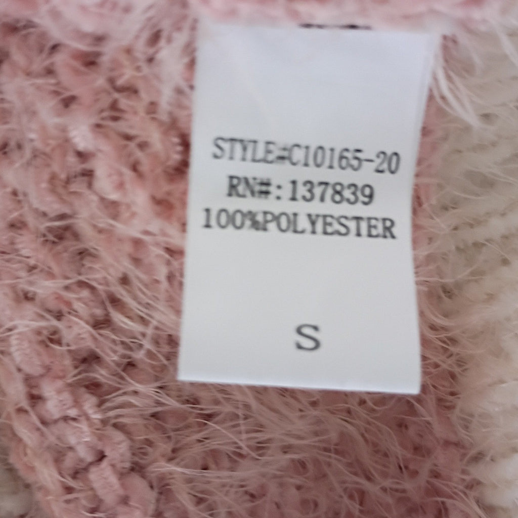 Altar'd State Sweater S M Pink Cream Striped Fuzzy Eyelash Knit Cropped V-Neck