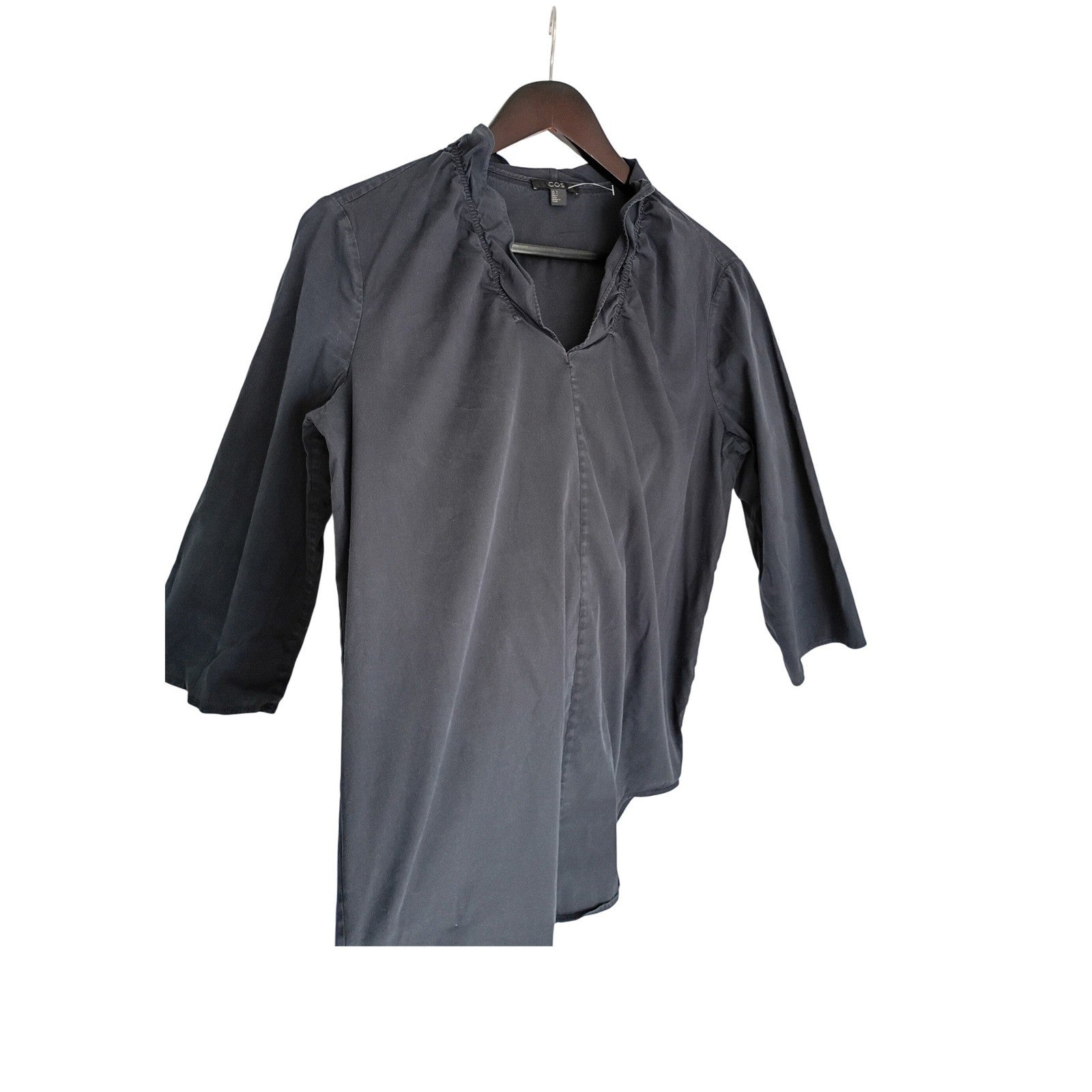 COS Navy Blue V-Neck Ruffle Trim 3/4 Sleeve Cotton Blend Blouse Top Small $89