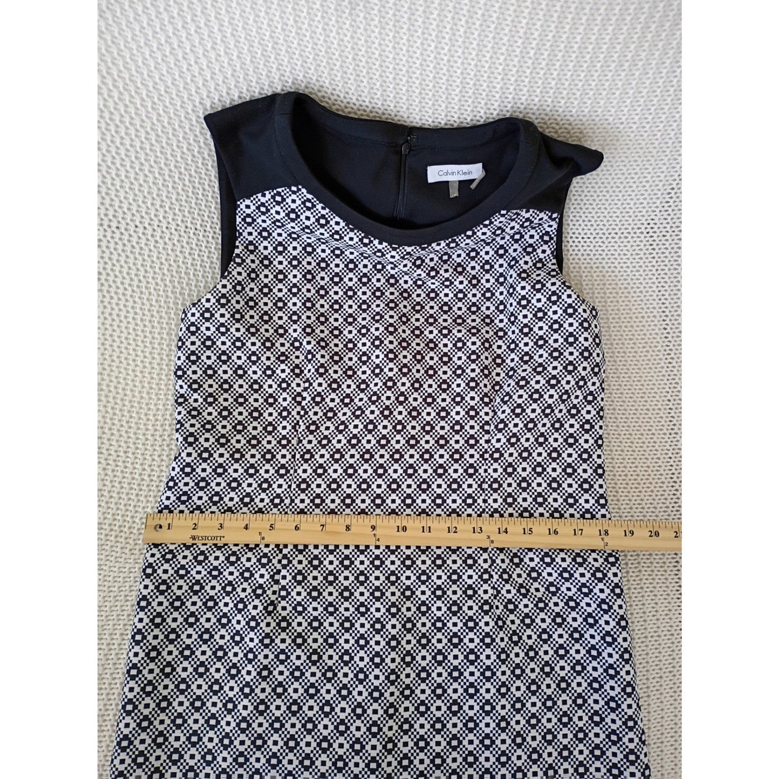 Calvin Klein Black White Geometric Sheath Midi Dress Sleeveless 12 Work Career