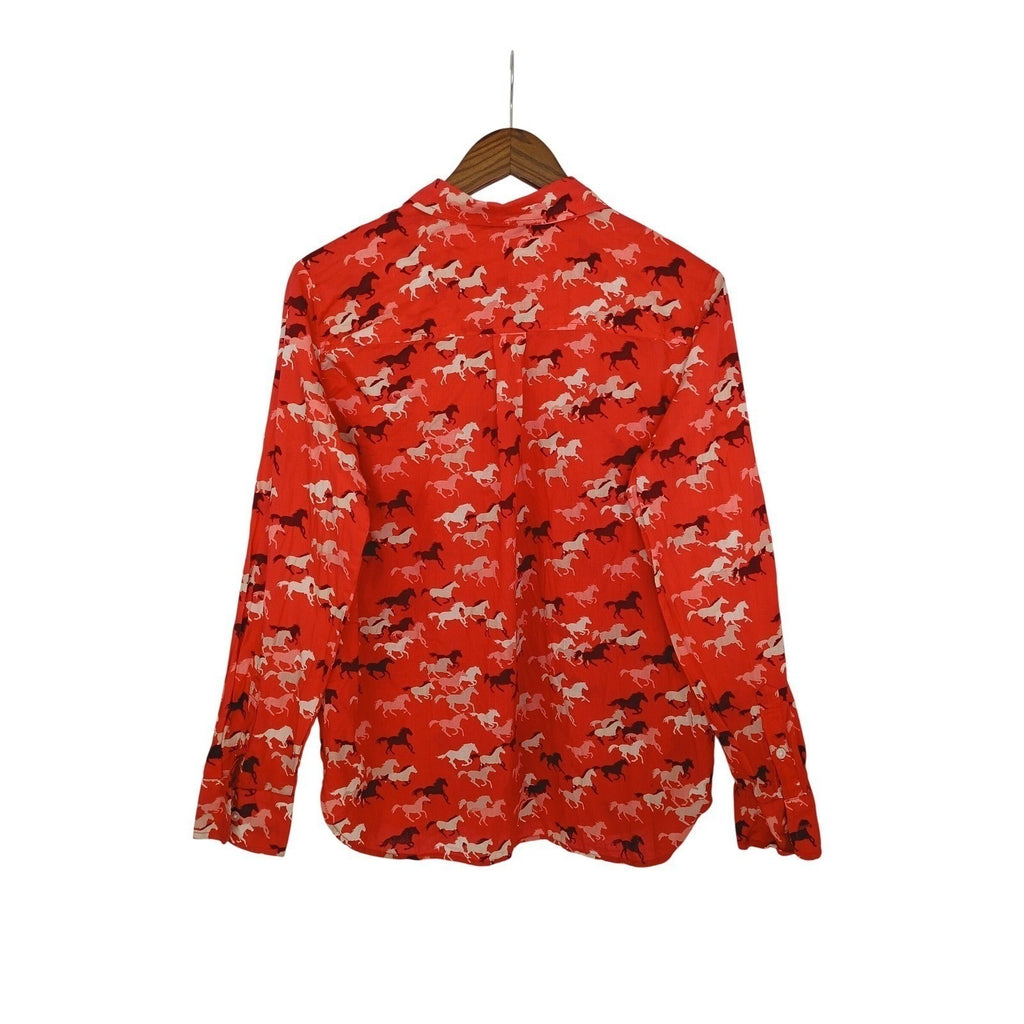 LOFT $60 Red Horse Equestrian Print Cotton Shirt Medium M Long Sleeve Preppy