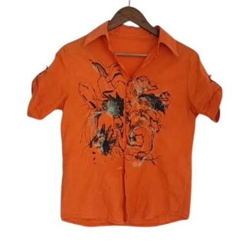 ARTISAN Orange Button-Front Shirt East Asian Inspired Floral Art Ink-Style S