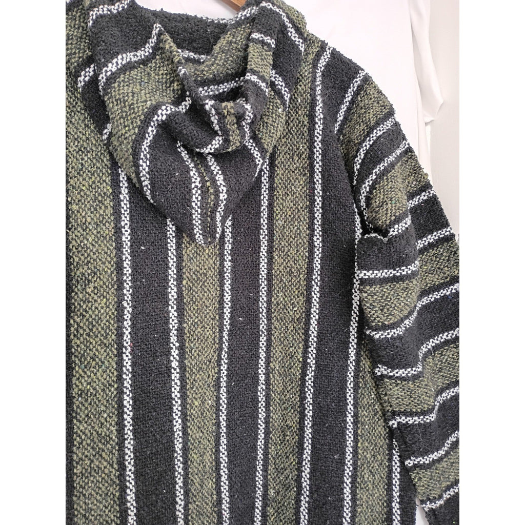 Baja Hoodie Mexican Blanket Womens L Striped Woven Surfer Boho Beach Pullover