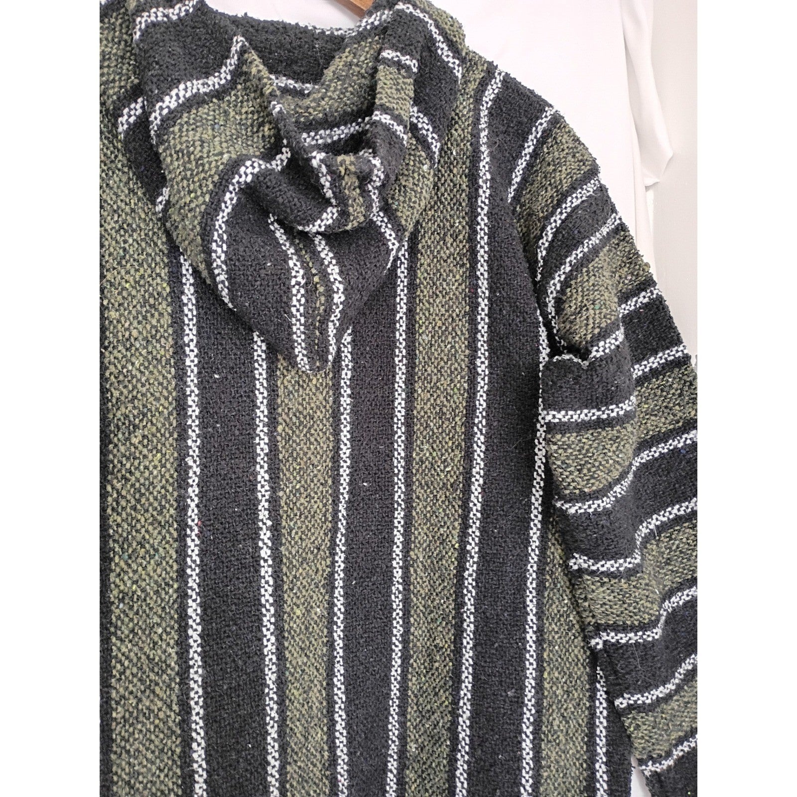 Baja Hoodie Mexican Blanket Womens L Striped Woven Surfer Boho Beach Pullover