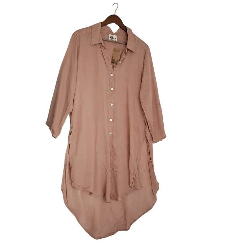 NWT RHEA Boho Dusty Pink Viscose High Low Button Down Shirt Dress OS Coastal