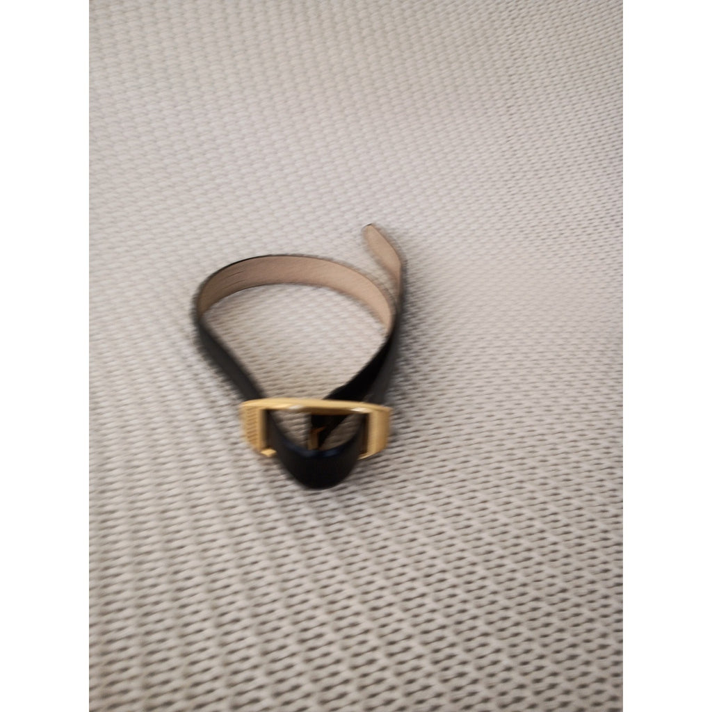 VTG Perry Ellis Black Leather Skinny Belt Gold Tone Buckle L 33" Minimalist