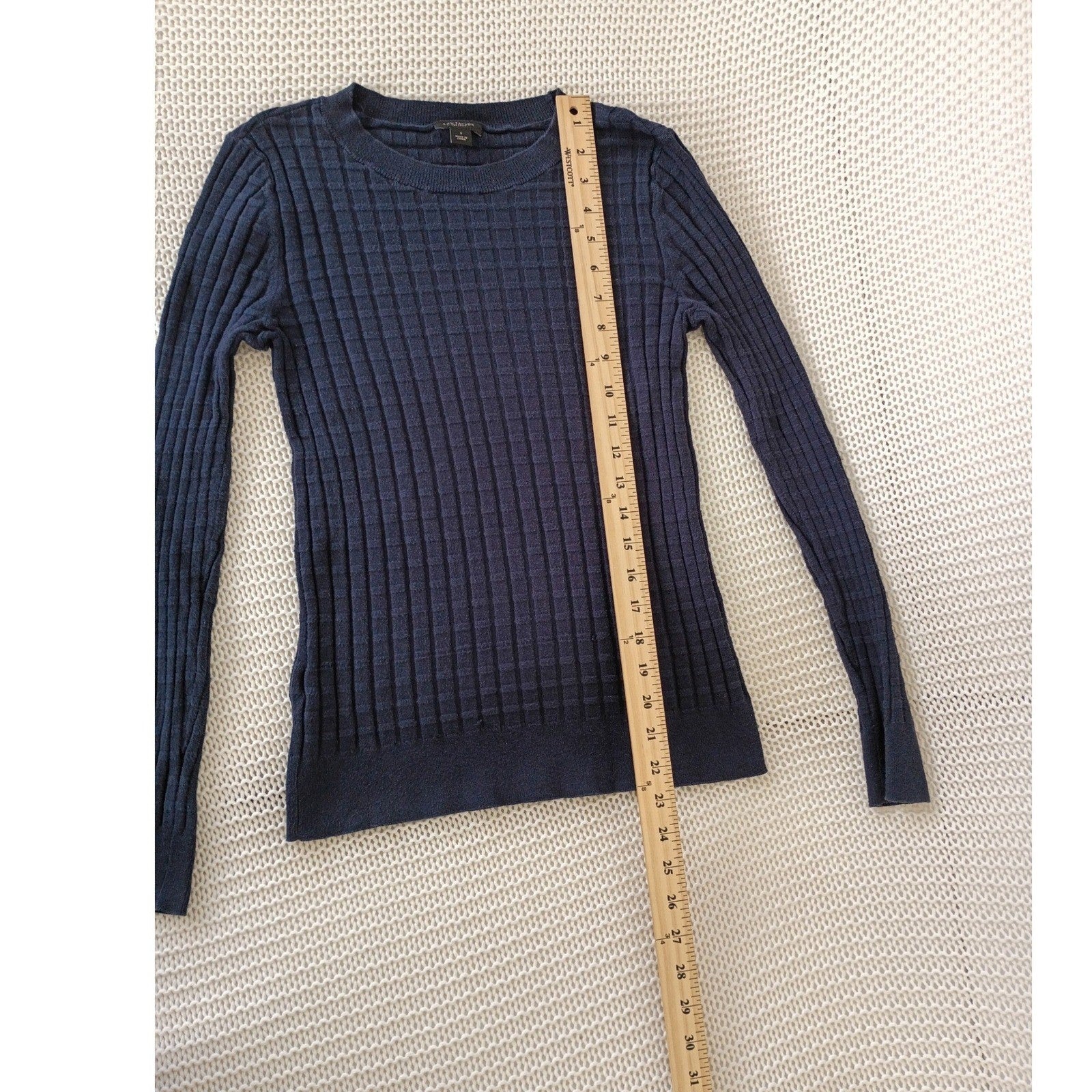 Ann Taylor Cotton Wool Sweater Navy Textured Crew Neck Quiet Luxury S