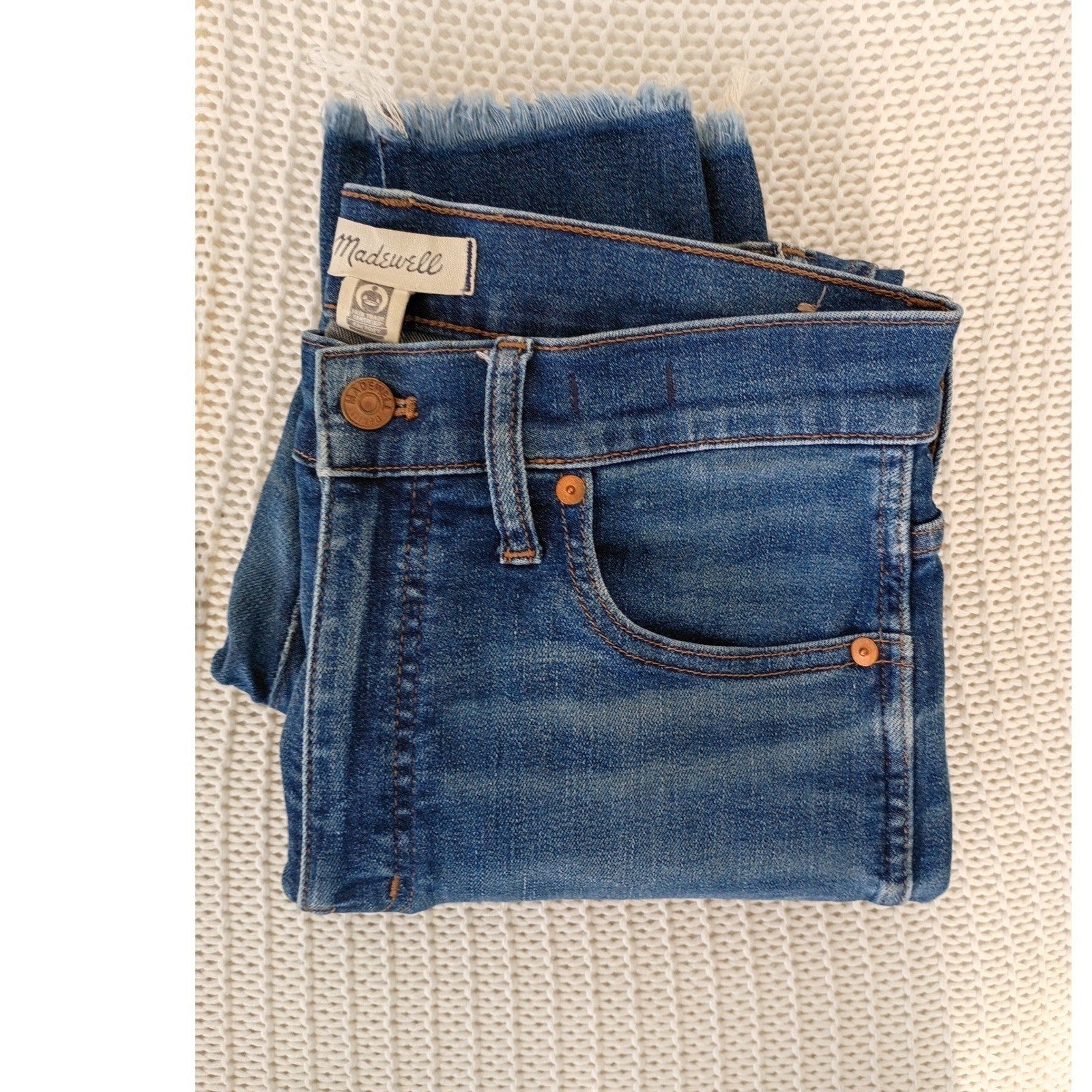 Madewell High Rise Skinny Jeans Medium Wash Raw Hem Blue Denim 29x27 Boho