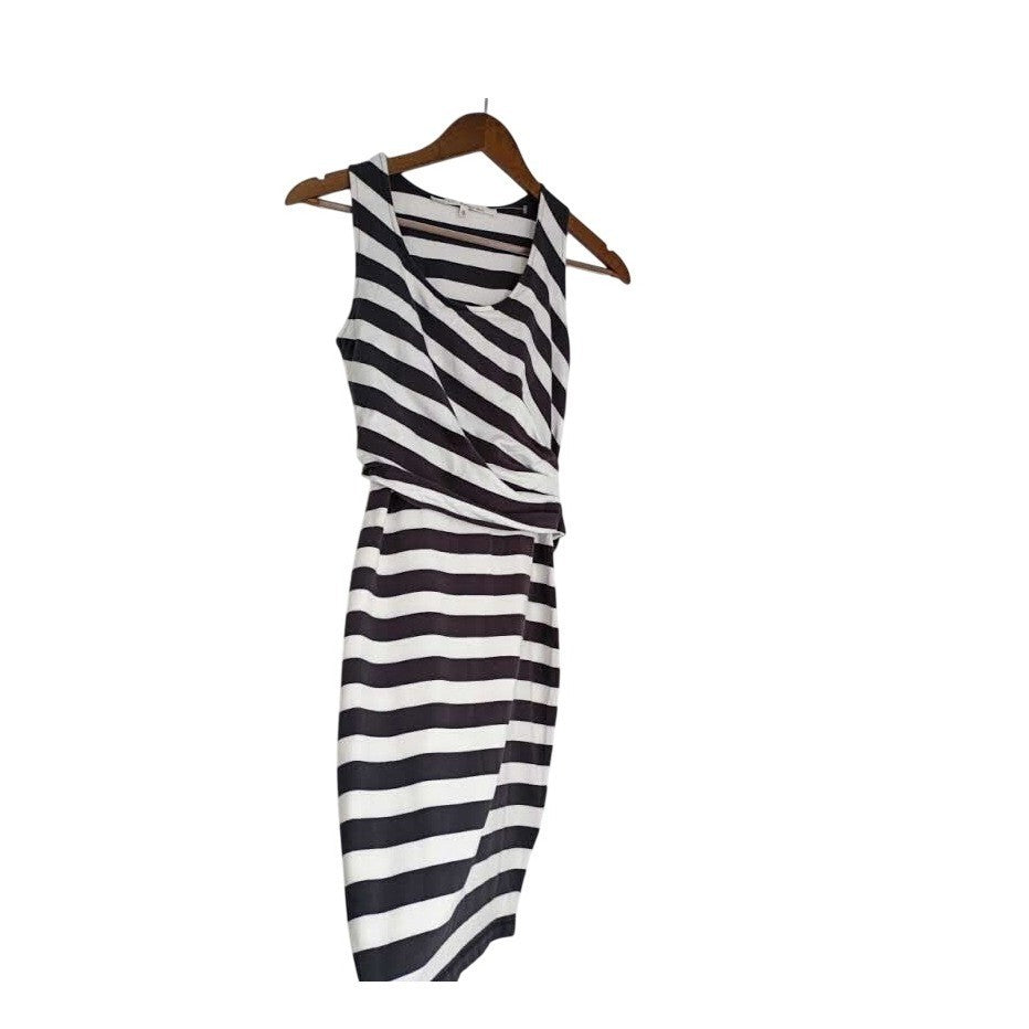Rachel Roy Black/Wht Cotton Striped Slvless Draped Sheath Midi Dress Fits S $129
