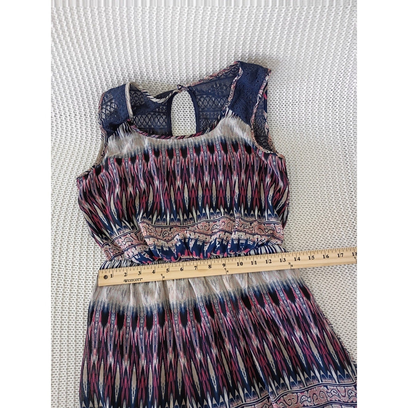 Trixxi Navy Pink Geometric Paisley Lace Sheer Maxi Dress Small Boho Slit Beach