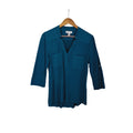 Calvin Klein Teal Blue 3/4 Sleeve V Neck Roll Tab Pocket Shirt Women's M