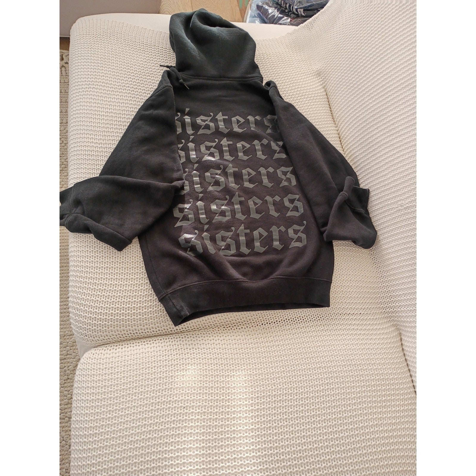 SISTERS Black Gothic Logo Hoodie 100% Cotton Sweatshirt Fits S Made USA