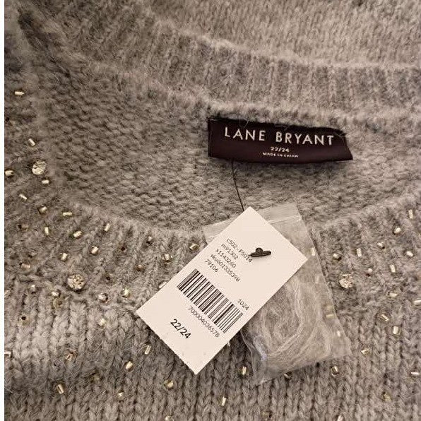 Lane Bryant NWT Sweater Plus Sz 22-24 Gray Sparkle Bead Crew Neck Long Sleeve