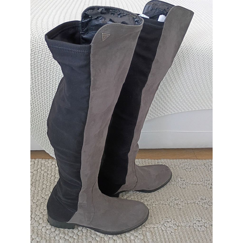 GUESS Womens Grey Black Stretch Over The Knee Flat Boots 8.5M $149