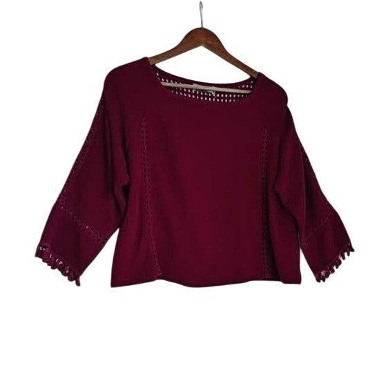 Anthropologie Saturday Sunday Magenta 100% Cotton Crochet Tassel Boho Blouse S