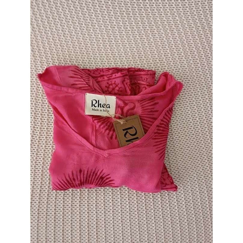 RHEA NWT Pink Mandala Block Print Crop Top S/M Boho Rayon Blouse Made In India