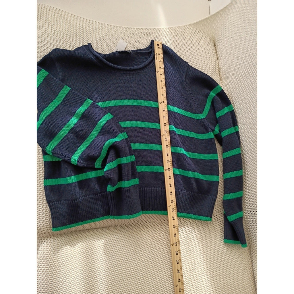 GAP NWT Navy Green Striped 100% Cotton Crewneck Sweater L Pullover Relaxed Fit