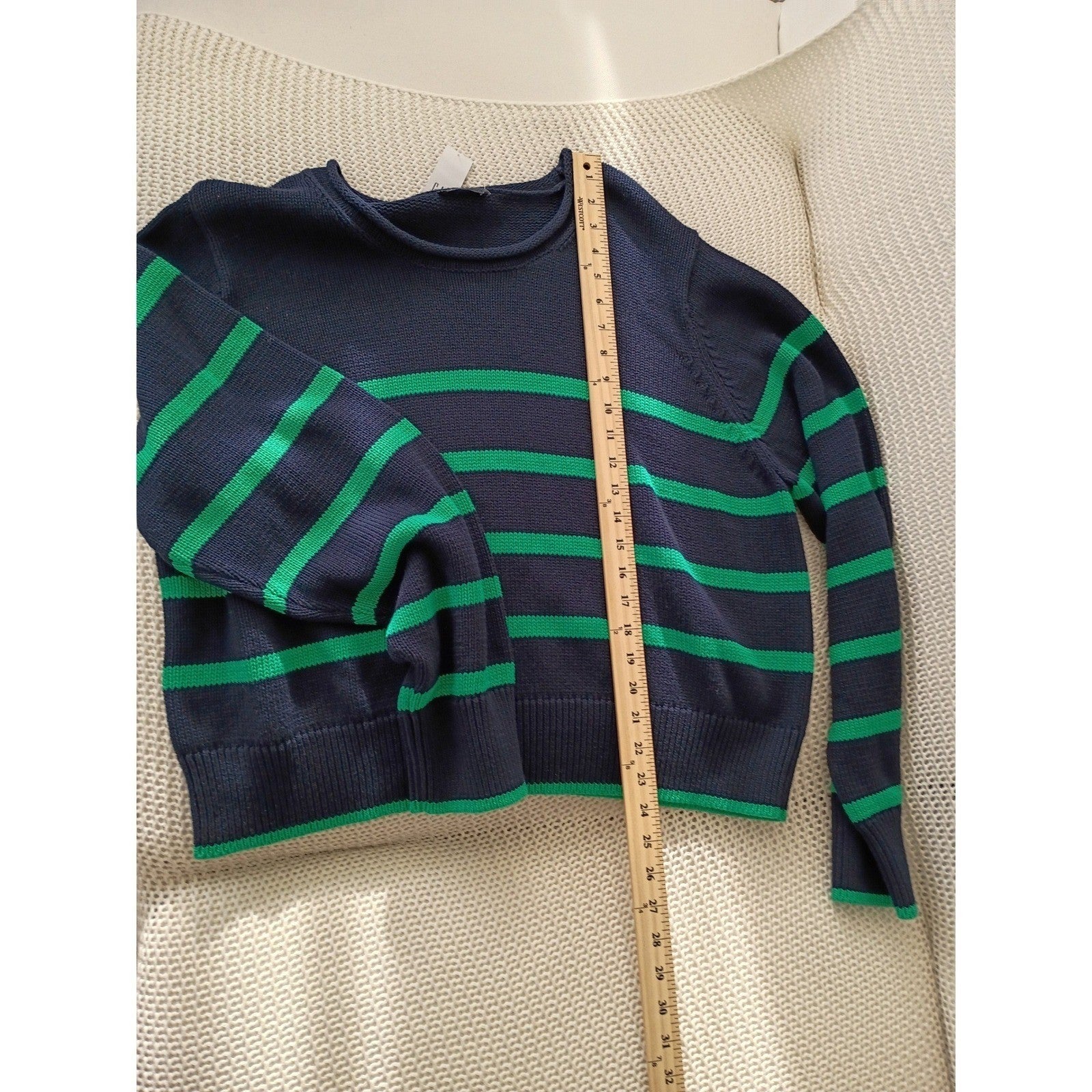 GAP NWT Navy Green Striped 100% Cotton Crewneck Sweater L Pullover Relaxed Fit