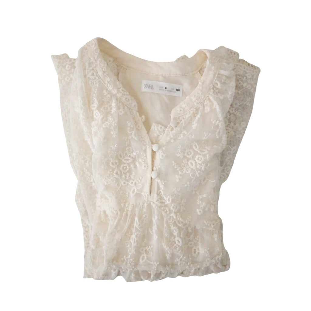 Zara Kids Lace Dress Cream White Button Front Tiered Ruffle Girls Size 8