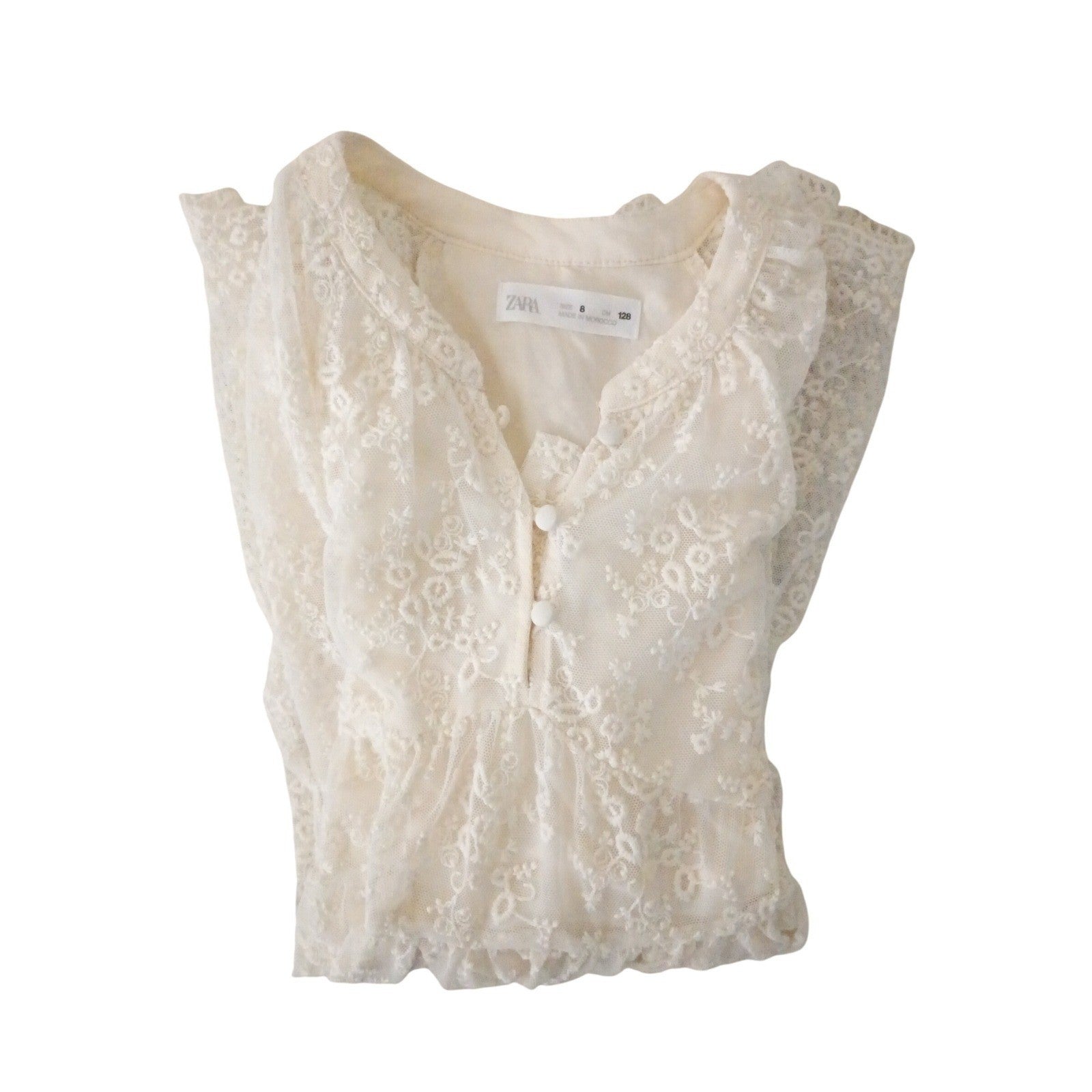 Zara Kids Lace Dress Cream White Button Front Tiered Ruffle Girls Size 8