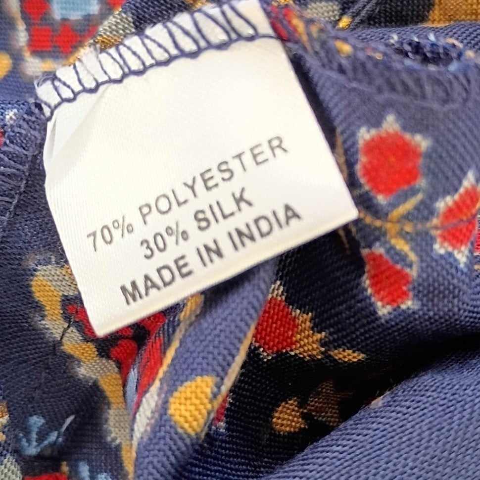 RHEA NWT Silk Blend Navy Patchwork Block Print Button Down Shirt S/M Boho India