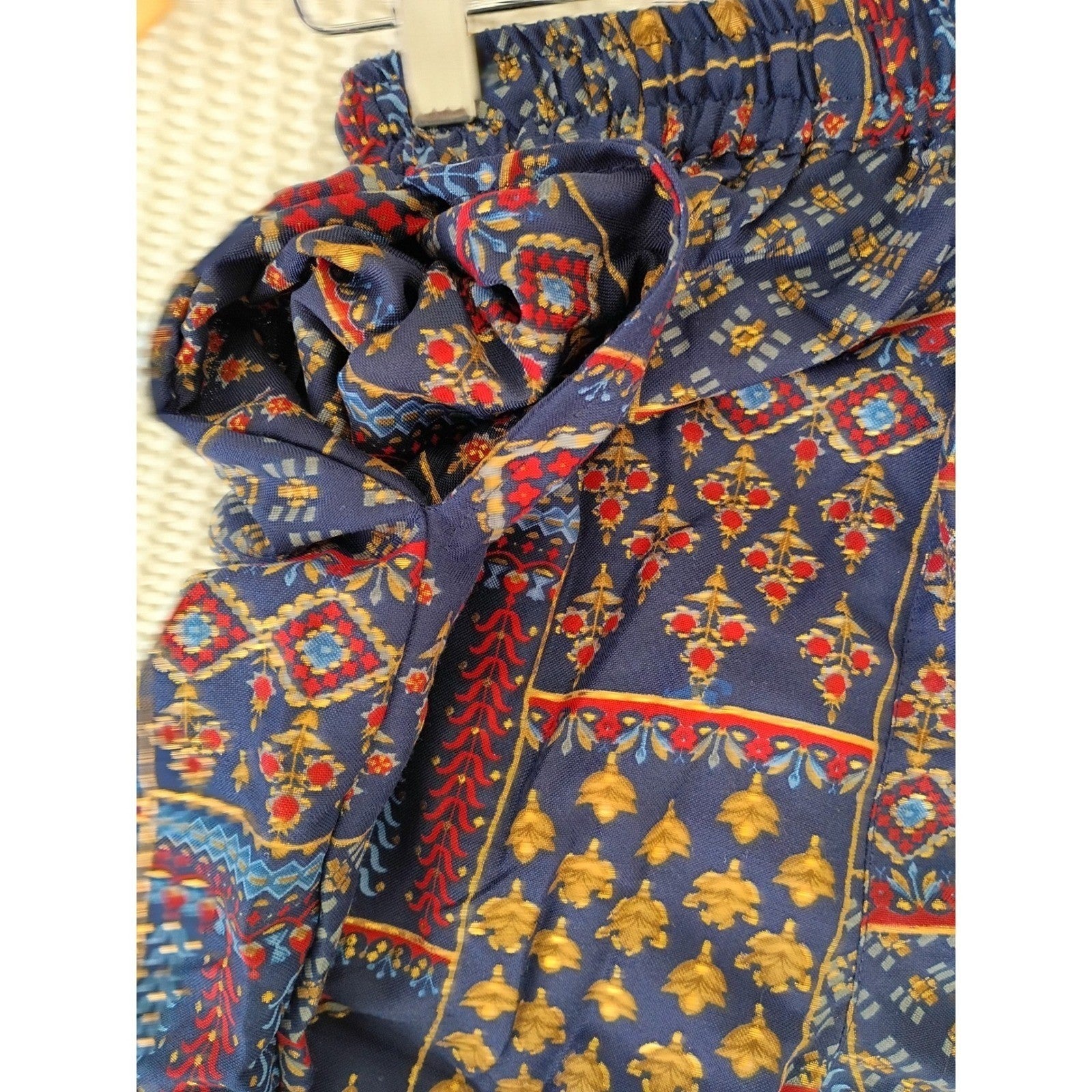 RHEA NWT Silk Blend Bohemian Patchwork Wide Leg Pants S/M Navy Red Gold Boho
