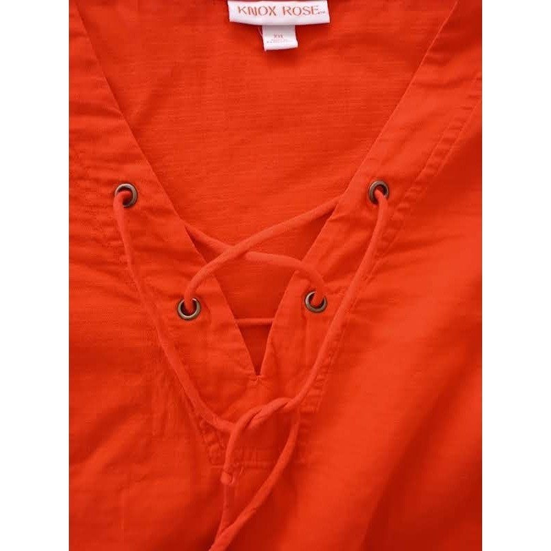 Knox Rose Red Lace Up 100% Cotton Bohemian Blouse  Fits L/ XL Short Slve V-Neck