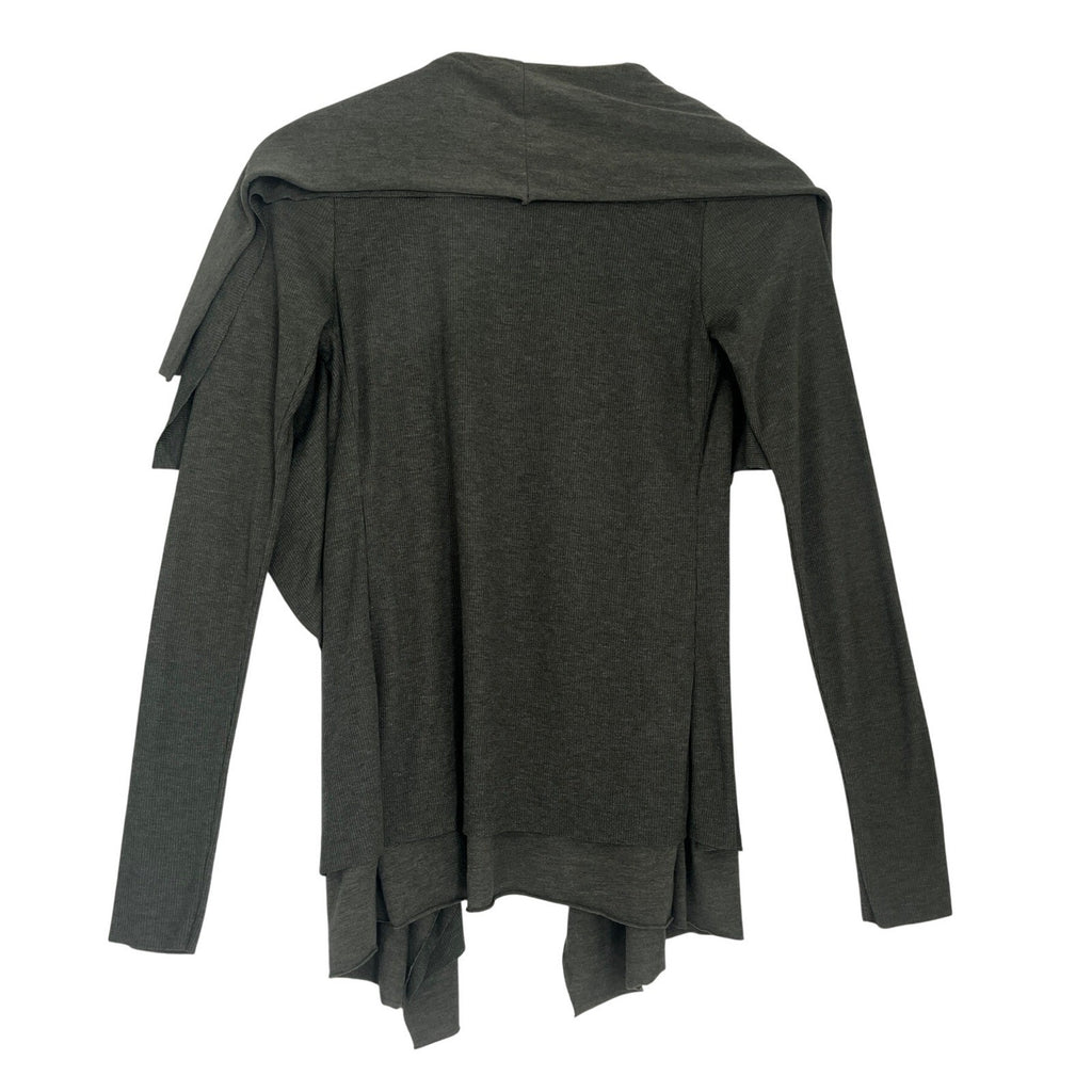 BARNEYS NEW YORK Draped Waterfall Cardigan Olive Green Ribbed Knit Fits S