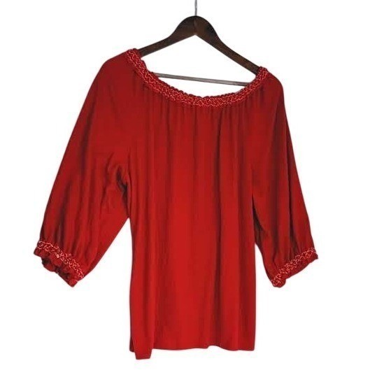 Max Studio Ruby Red Smocked Peasant Top XL Soft Boho Romantic Folk Embroidered