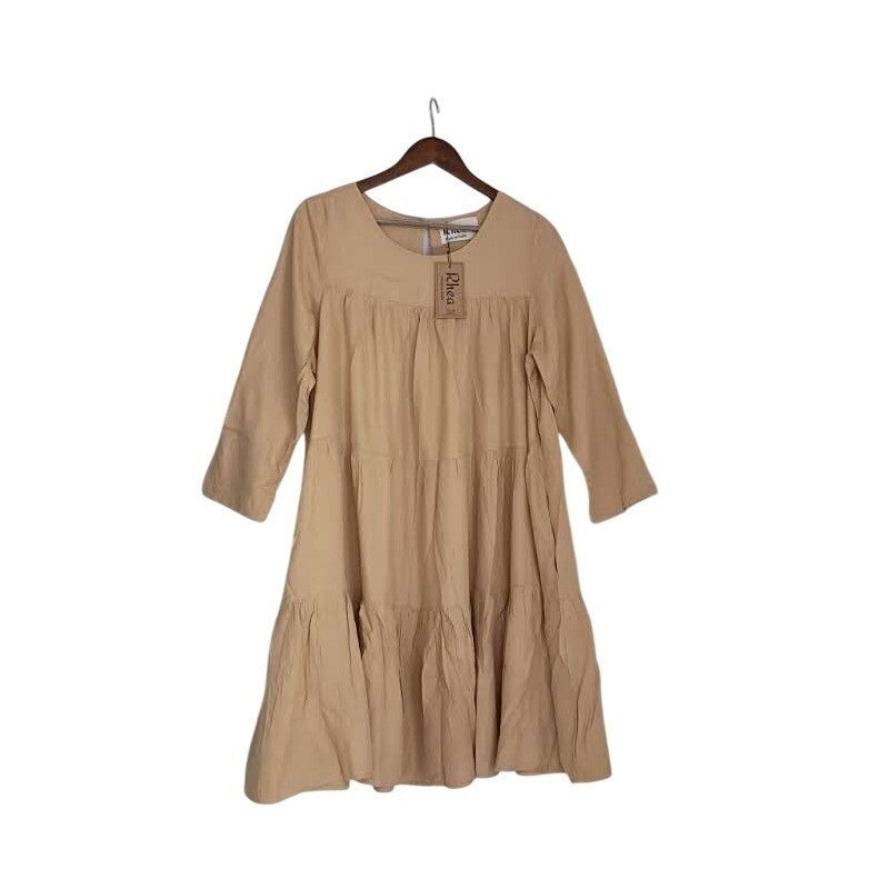 Rhea NWT BOHO Handmade Cotton Block Print Tunic Gold Tiered Bell Sleeve M/L