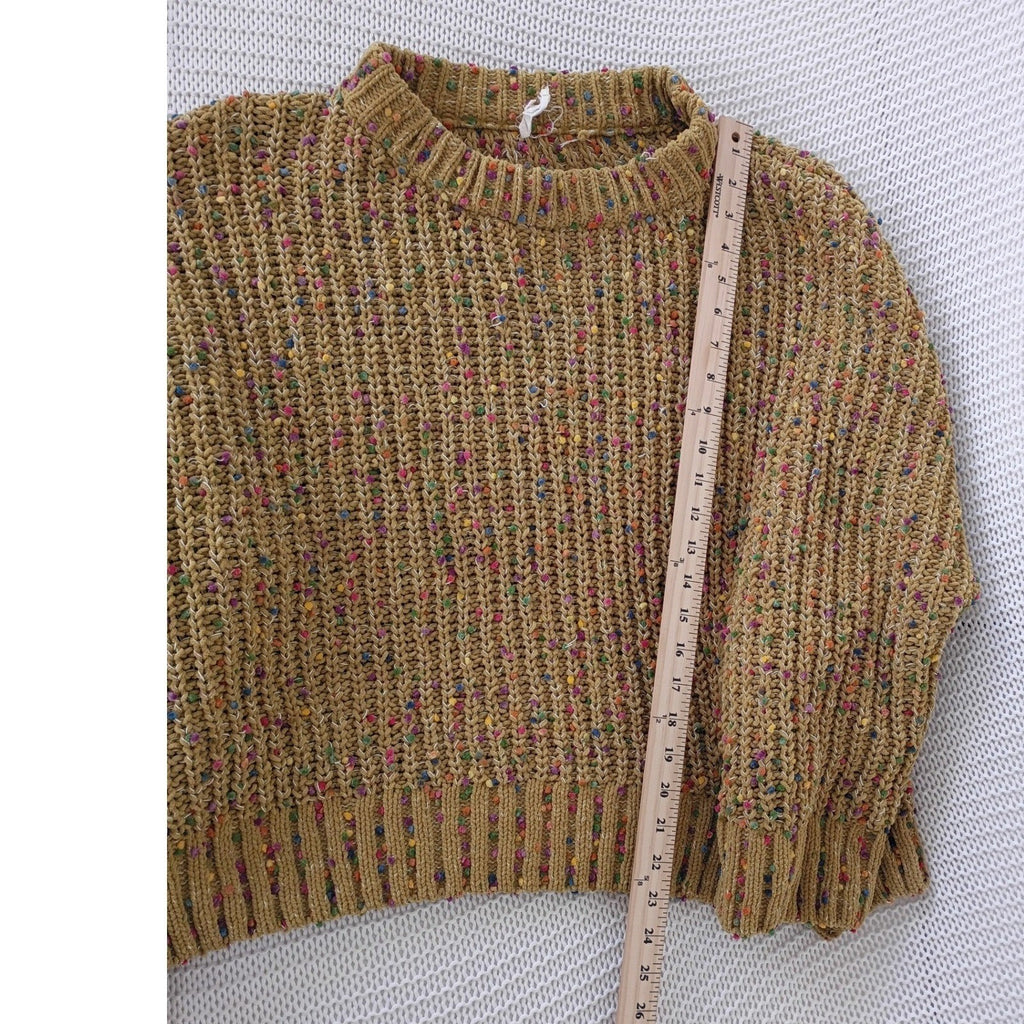 Easel Mustard Boho Eclectic Yellow Confetti Pom Pom Chunky Knit Crew Nck Sweater