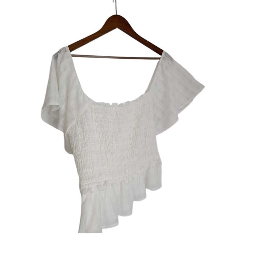 ASTR The Label White Smocked Peplum Top M Coquette Cottagecore Puff Sleeve Lace
