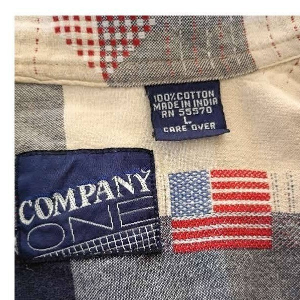 COMPANY ONE Plaid Americana Flag Patchwork Button Down Shirt L 100% Cotton