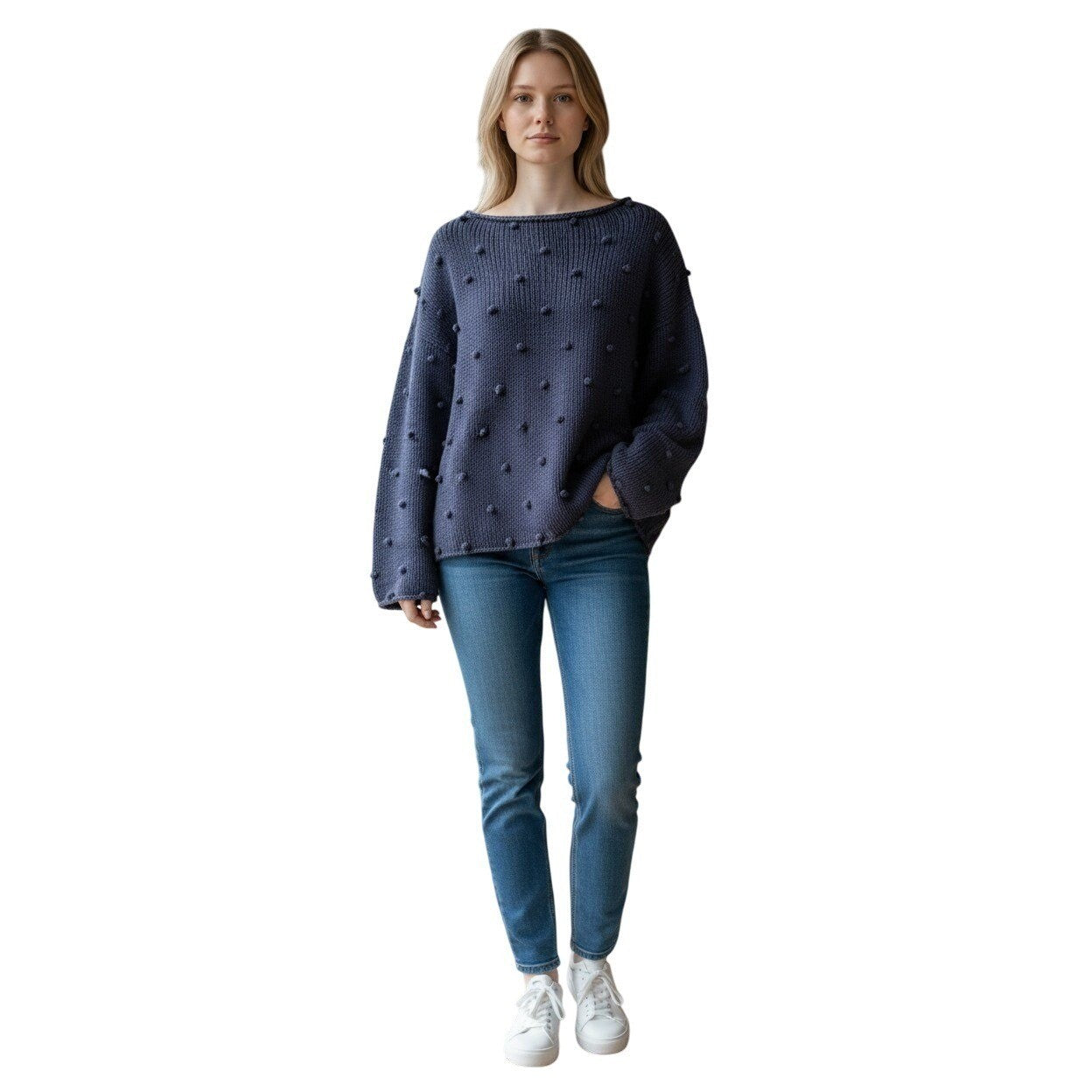 Pure Handknit Blue Cotton Bobble Sweater M/L Boat Neck Long Sleeve