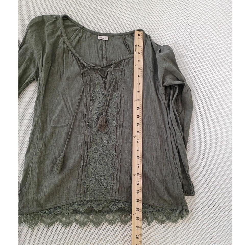 Hollister Olive Cotton Gauze Lace Up Boho Blouse Crochet Trim Long Sleeve S