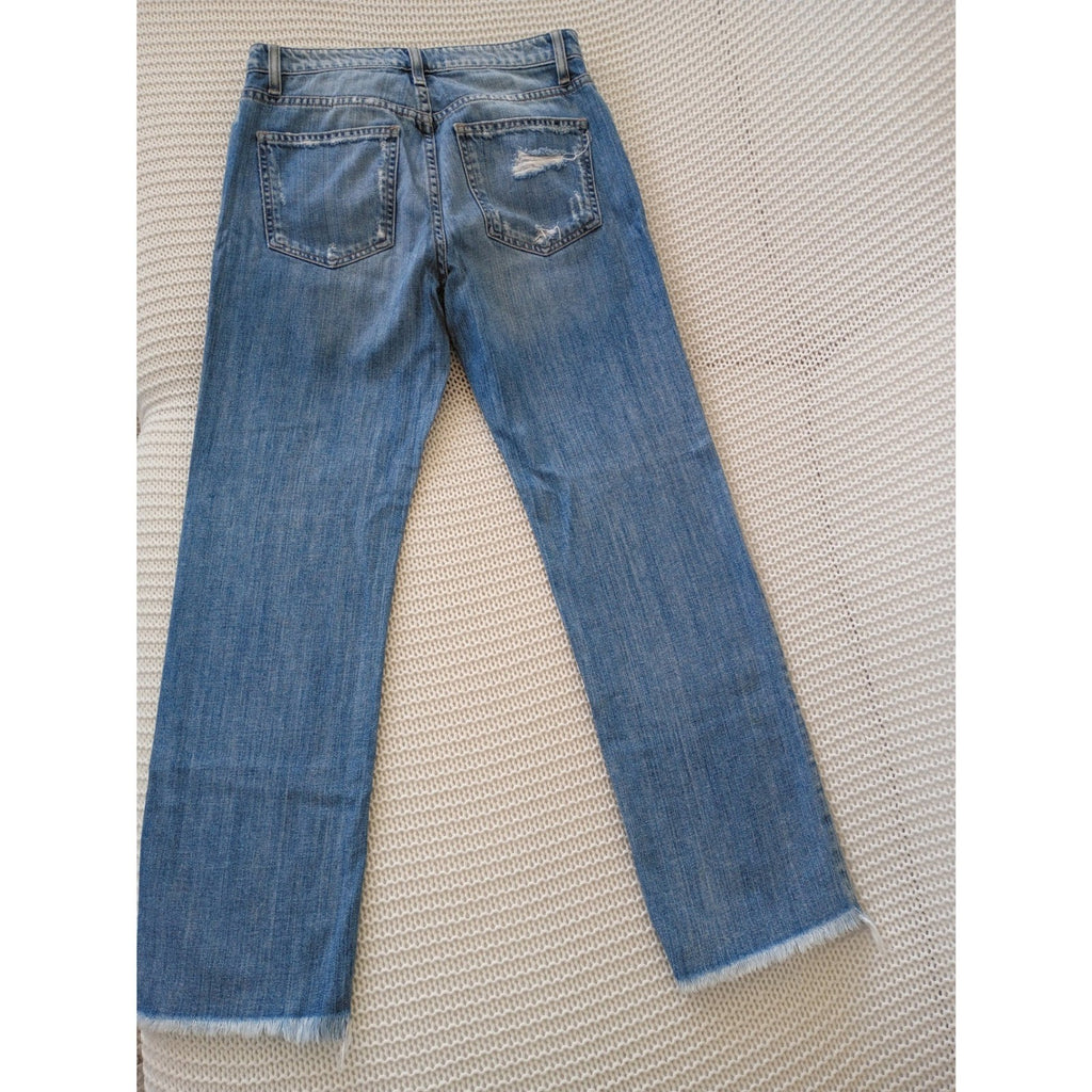 HYPEACH Distressed Boyfriend Jeans Blue Wash Straight Leg Frayed Hem 26/2x27